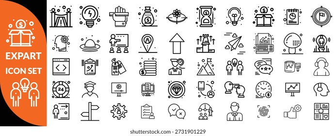 Symbolsatz für Expertenzeile. Set von 30 Gliederungssymbolen in Bezug auf Talent, Geschicklichkeit, Eignung, Spezialist, Denken, Expertise, Experte und andere. Bearbeitbarer Strich. Vektorgrafik