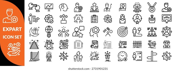 Symbolsatz für Expertenzeile. Set von 30 Gliederungssymbolen in Bezug auf Talent, Geschicklichkeit, Eignung, Spezialist, Denken, Expertise, Experte und andere. Bearbeitbarer Strich. Vektorgrafik