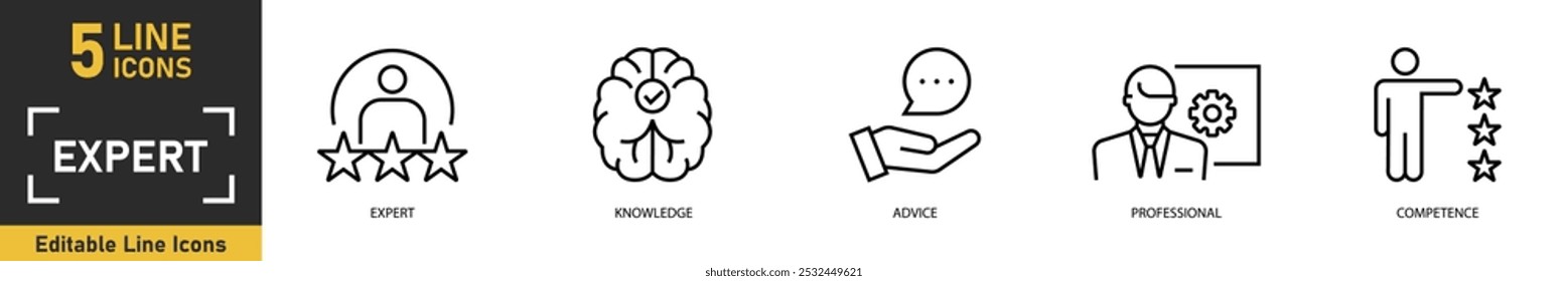 Expert line icon set. Set of 5 outline icons related to expert, knowledge, advice, professional, competence and more. Vector illustration.
