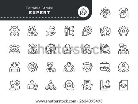 Expert line icon set. Expertise, specialist advice, conclusion, knowledge, competence, independent research and more. Outline icon in linear style. Vector collection.	
