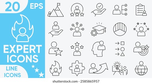 Expert Line icon set. skills, expertise, business, knowledge,competence, growth, education, meeting, specialist, experience and more.Vector and illustrator set.