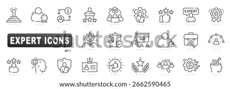 Expert line icons of certification, award podium, talent recruitment, strategy presentation, innovation brain gear convey professional skills and trusted quality