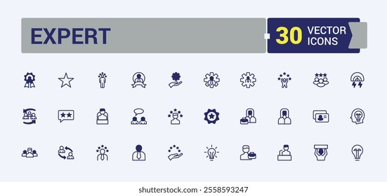 Expert line web icon set. Includes icons for service, know, development, knowledge, competence, technology and more. Minimal linear icons. Vector line and solid icons.