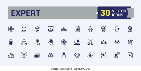 Expert line web icon set. Includes icons for service, know, development, knowledge, competence, technology and more. Minimal linear icons. Vector line and solid icons.