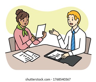 An expert man is explaining paperwork to a female customer. hand drawn style vector design illustrations. 