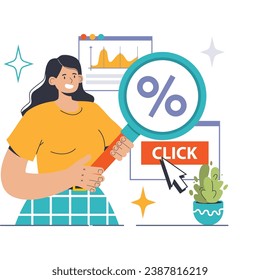 Expert marketer examines Click Through Rate metrics on a digital dashboard. Highlighting CTR improvements, data-driven strategies. Engaging user interactions and web performance. vector illustration