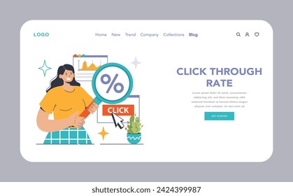 Expert marketer examines Click Through Rate metrics on a digital dashboard. Highlighting CTR improvements, data-driven strategies. Engaging user interactions and web performance. vector illustration