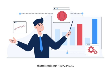 Expert Marketing Broker Stock Trader Present Stock Market In Year Showing Growth Rates On Board Isolated. Cartoon Finance Analyst Presenting Data Visualization In Report