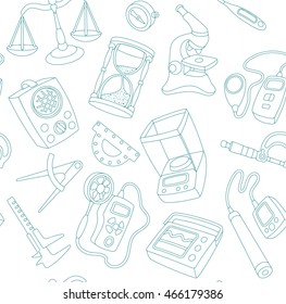 Expert measuring instruments. Retro and modern laboratory equipment. Scientific and educational template. Hand drawn appliances. Funny cartoon tools. Seamless pattern. Vector icons. White background.