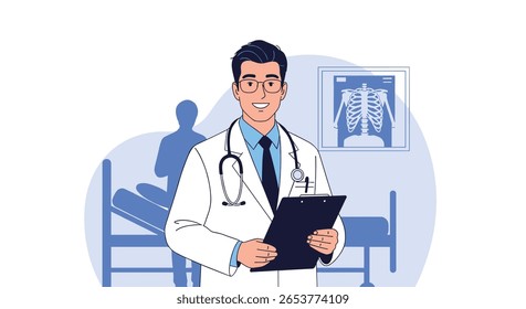 Expert medical care patient examination physician with stethoscope and clipboard in clinic