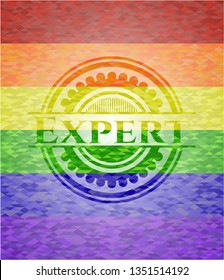 Expert on mosaic background with the colors of the LGBT flag