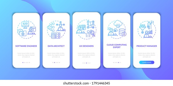 IT expert onboarding mobile app page screen with concepts. Professional software developer walkthrough 5 steps graphic instructions. UI vector template with RGB color illustrations