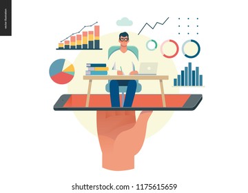 consultoría en línea de expertos - moderno concepto de ilustración de vector plano de consultor en línea desde smartphone. Proceso de interacción de consultoría. Plantilla de diseño de página de inicio creativa