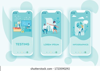 Expert Opinion and Real Time Testing as Ingredients for Product Promotion. Marketing Team Checking Positions in List. Creative Staff Using Infographic in Advertising Campaign. Three Landing Pages.