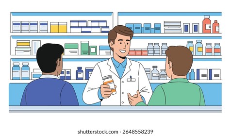 Especialista em farmacêutica explica o uso de medicamentos aos clientes na loja de farmácia