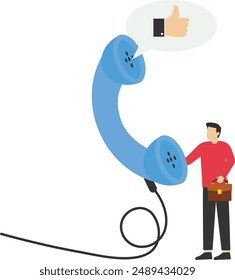 Expert phone call to generate leads or sales, businessman sales representative talking on phone with thumbs up feedback, telemarketing success saying promotion to prospects or clients concept.