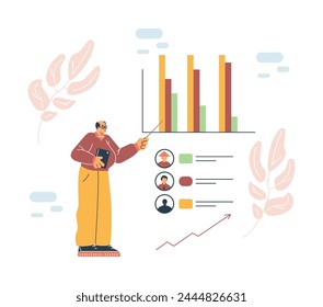 Experto que presenta datos demográficos. Ilustración vectorial de un profesional con gráficos para estadísticas, análisis e informes de negocios.