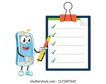 Expert professional Mentor Intelligent Presenter teacher trainer manager ceo smartphone funny mobile character holding a big pen indicating presenting on big clipboard task list to do positive right t
