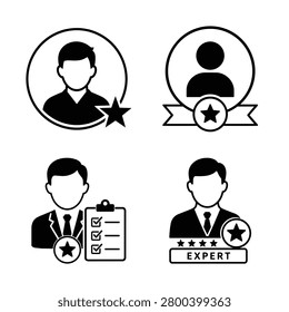 Expert profile icon set with avatar badges, award ribbon, checklist consultant, and expert label portrait in black and white vector style