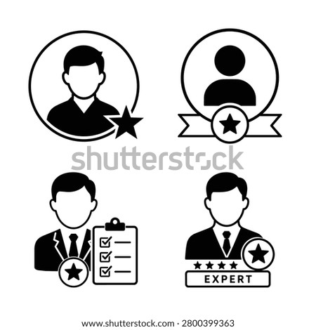 Expert profile icon set with avatar badges, award ribbon, checklist consultant, and expert label portrait in black and white vector style