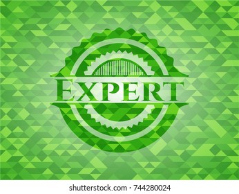 Expert realistic green emblem. Mosaic background