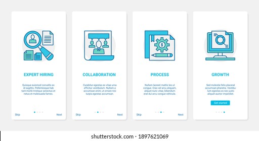 Professionelle Rekrutierung und Zusammenarbeit Vektorgrafik. UX, UI-Onboarding Mobile-App-Bildschirm mit Symbolen für das Online-Personalmanagement für Ihr Unternehmen, Geschäftspartnerschaft, Wachstumsprozess