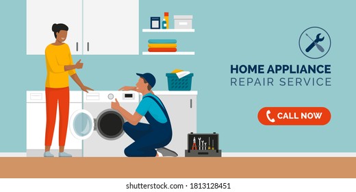 Expert Repairman Fixing A Washing Machine At Home And Happy Customer Smiling, Home Appliance Repair Service Concept