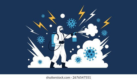 Expert sanitization worker eradicates virus threats with powerful disinfectant spray against disease