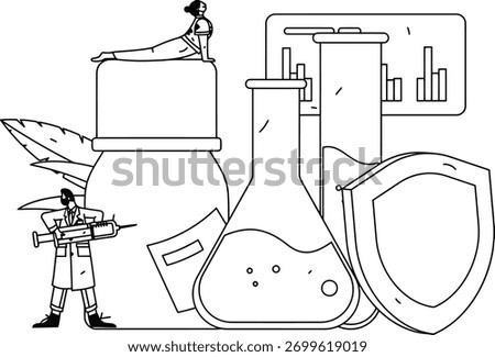 Expert scientist with syringe diligently administering treatment near laboratory beakers and protective shield symbolizing health innovation and medical research breakthroughs