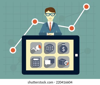 Expert of search engine optimization and business development. Analytics information and management resources - vector illustration