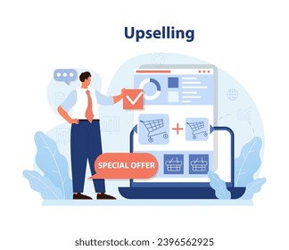 Expert showcases upselling tactics online, highlighting a special offer to enhance cart value. Boosting e-commerce revenue with strategic product recommendations. Flat vector illustration.