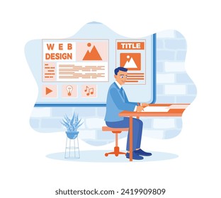 IT expert sketches website development on a sheet of paper. Men create content to fill sites. Web design concept. Flat vector illustration.