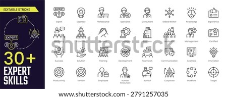 Expert Skills Stroke icon collections. Containing expert, expertise, professional, specialist, consultant, skilled worker, knowledge, mentoring, support, and business icons. Editable Stroke icon collection Outline icon