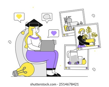 Expert in social networks. Woman in graduate hat with laptop looks at posts and photos on social networks. SMM and SEO specialist. Promotion on social media. Linear vector illustration