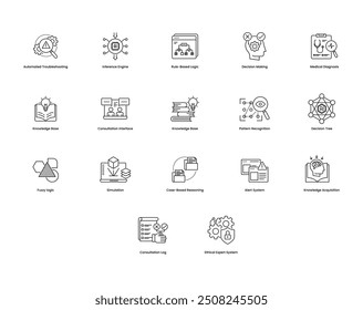 Sistemas expertos. Un completo conjunto de iconos para sistemas expertos, que muestra componentes clave de IA como árboles de decisión, motores de inferencia y lógica difusa, ideal para soluciones tecnológicas, plataformas de IA y educación