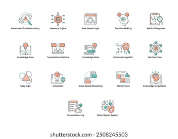 Sistemas expertos. Un conjunto de iconos vibrantes para sistemas expertos, que ilustran componentes de IA como árboles de decisión, motores de inferencia y diagnósticos médicos, perfectos para aplicaciones tecnológicas, recursos educativos,