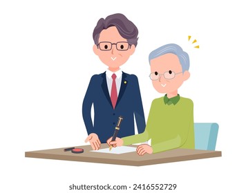 Expert teaching senior man how to fill out forms