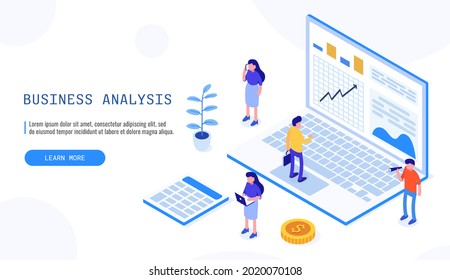 Equipo de expertos en análisis de datos, estadística empresarial, gestión, consultoría, marketing. Banner web isométrico para la página de inicio. Ilustración vectorial.