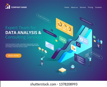 Expert Team for Data analysis & Consulting Services. Vector isometric illustration for landing page, web design, banner and presentation.