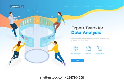 Expert Team for Data Analysis. Isometric Business Data Analytics process management or intelligence dashboard on the virtual screen. Template for website, landing page.