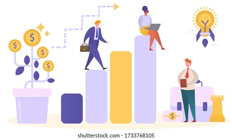 Expert team on graph analysis and business verification, financial report research concept, cartoon style vector illustration. Data management and marketing research diagrams, command success strategy