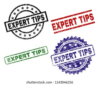 EXPERT TIPS seal prints with damaged surface. Black, green,red,blue vector rubber prints of EXPERT TIPS label with retro surface. Rubber seals with circle, rectangle, medal shapes.