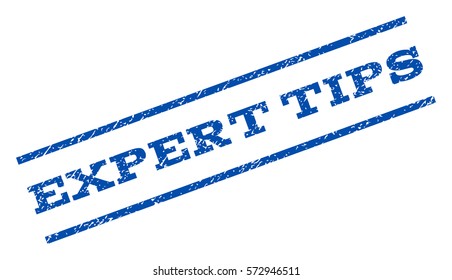 Expert Tips watermark stamp. Text caption between parallel lines with grunge design style. Rotated rubber seal stamp with scratched texture. Vector blue ink imprint on a white background.