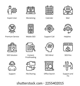 Usuario experto, monetización, calendario, correo, solución SEO, corrección de contenido, mente SEO, incendio SEO, búsqueda de oficina, soporte y reparación, servicio premium, SEO móvil, iconos de contorno - estropeados, vectores