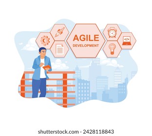 IT expert using digital tablet. Develop agile development software on the screen. Software developers concept. flat vector modern illustration 