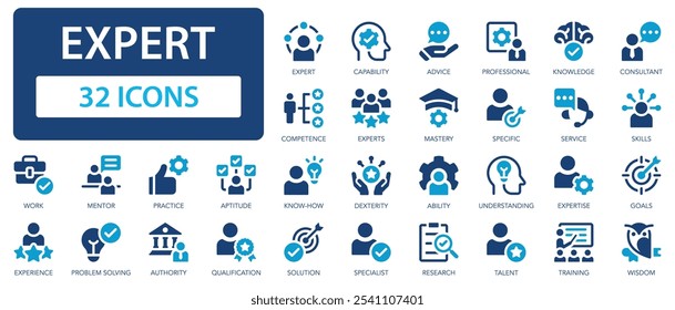 Conjunto de ícones de vetor especializado. Competência, habilidade, especialidade, especialista, capacidade, conselho, domínio, mentores.
