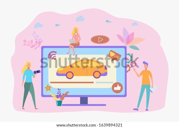 Expert video about\
quality cars. Customers choose a car by rating video. Auto video\
review, test drive channel, auto video advertising concept.\
Colorful vector\
illustration