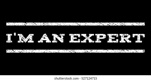 I'M An Expert watermark stamp. Text tag between horizontal parallel lines with grunge design style. Rubber seal white stamp with dust texture. Vector ink imprint on a black background.