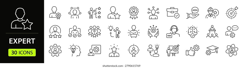Expert Web Icon Set in Linear Style. Collection of Expert advice line icons, including expertise, knowledge, specialist, skill, advice, mastery, mentor and more. Editable stroke