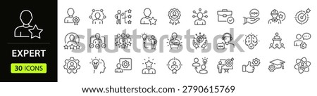 Expert Web Icon Set in Linear Style. Collection of Expert advice line icons, including expertise, knowledge, specialist, skill, advice, mastery, mentor and more. Editable stroke
